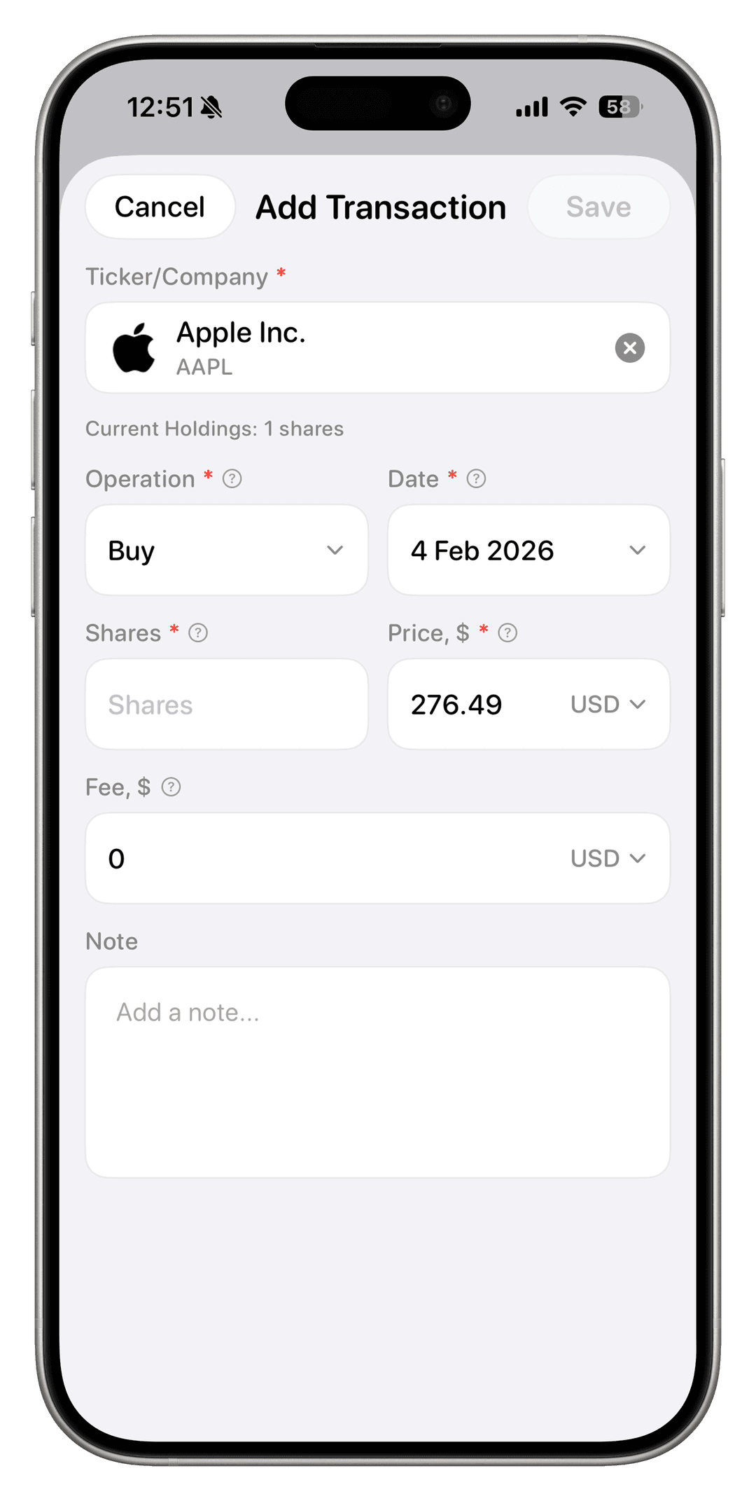 Vault Add Transaction - Buy assets with live pricing