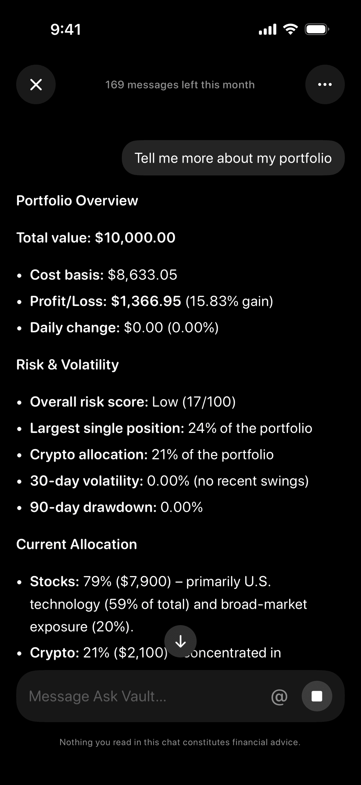 Ask Vault conversation explaining portfolio value, allocation, risk, and volatility